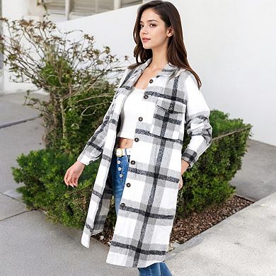 Women's Long Plaid Button-Up Shacket with Chest Pockets and Side Slits