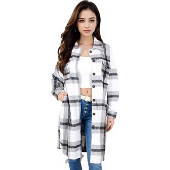 Women's Long Plaid Button-Up Shacket with Chest Pockets and Side Slits