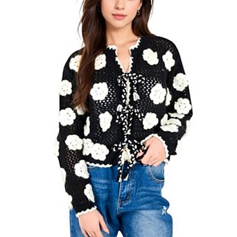 Women's Crochet Knit Floral Cardigan with Tassel Tie Front and Scalloped Edges