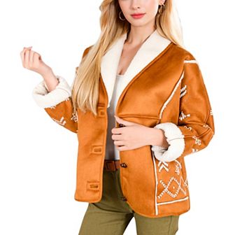 Women's Embroidered Faux Shearling Jacket with Shawl Collar