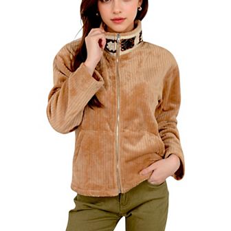 Women's Zip-Up Jacket with Embroidered Collar and Side Pockets