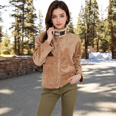 Women's Zip-Up Jacket with Embroidered Collar and Side Pockets