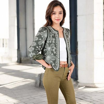 Women's Embroidered Open Front Jacket with Long Sleeves and Floral