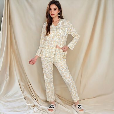 Women's Floral Print Button-Up Long Sleeve Pajama Set with Ruffle Details