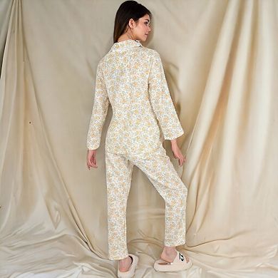 Women's Floral Print Button-Up Long Sleeve Pajama Set with Ruffle Details