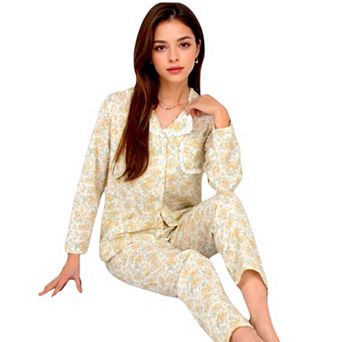 Women's Floral Print Button-Up Long Sleeve Pajama Set with Ruffle Details