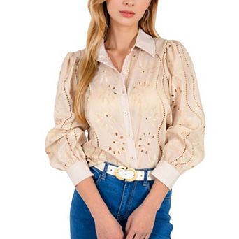 Women's Embroidered Eyelet Long Sleeve Button-Up Blouse