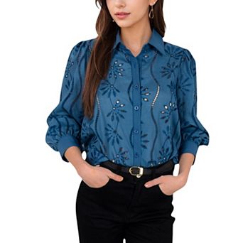 Women's Embroidered Eyelet Long Sleeve Button-Up Blouse