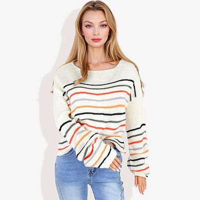Women's Long Sleeve Striped Knit Sweater with Boat Neckline