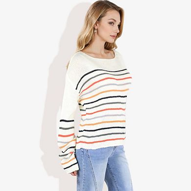 Women's Long Sleeve Striped Knit Sweater with Boat Neckline