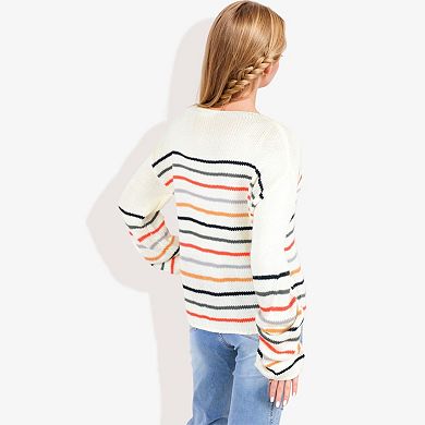 Women's Long Sleeve Striped Knit Sweater with Boat Neckline