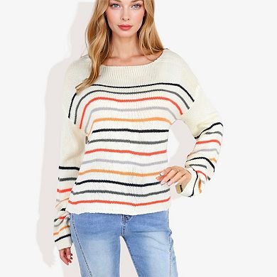 Women's Long Sleeve Striped Knit Sweater with Boat Neckline