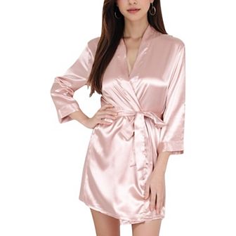 Women's Short Satin Robe with Waist Tie and Three-Quarter Sleeves