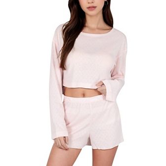 Women's Long Sleeve Crop Top and Elastic Waist Lounge Shorts Set