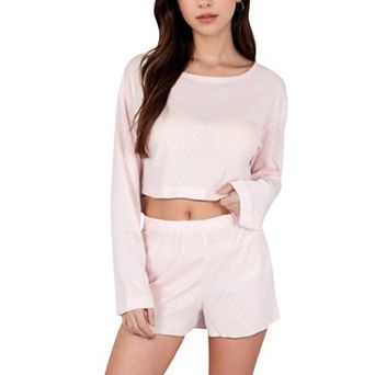 Women's Long Sleeve Crop Top and Elastic Waist Lounge Shorts Set