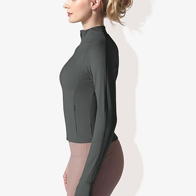 Women's Stretchy Long Sleeve High Neck Zip Pocket Sports Jacket