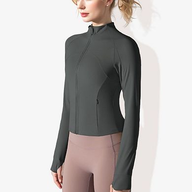 Women's Stretchy Long Sleeve High Neck Zip Pocket Sports Jacket