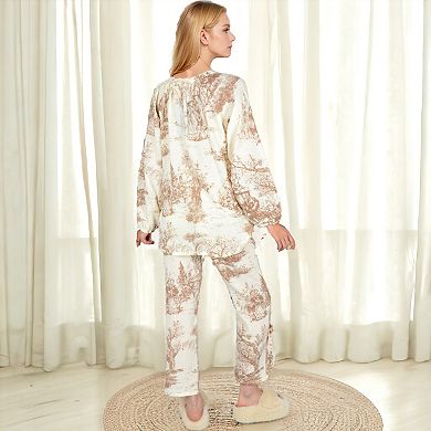 Women's Two-Piece Printed Lounge Set with Button-Up Top and Elastic Waist Pants