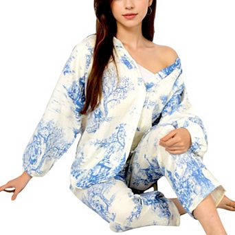 Women's Two-Piece Printed Lounge Set with Button-Up Top and Elastic Waist Pants