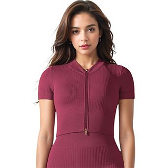 Women's Rib Knit Seamless Short Sleeve High Neck Cropped Sports Jacket