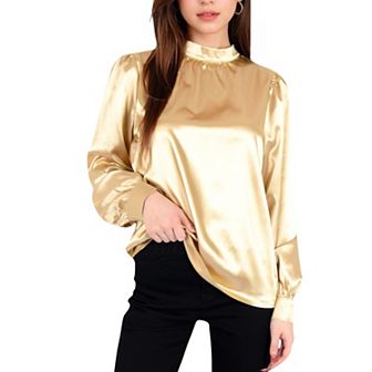 Women's Satin Long Sleeve Blouse with High Neck and Puff Sleeves