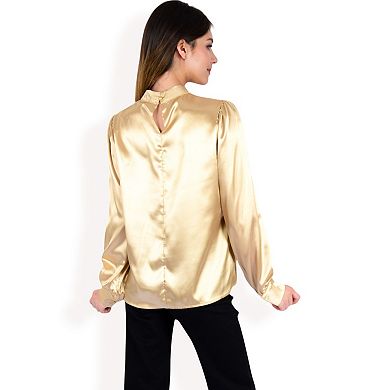Women's Satin Long Sleeve Blouse with High Neck and Puff Sleeves