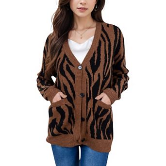 Women's V-Neck Button-Down Cardigan with Front Pockets and Relaxed Fit