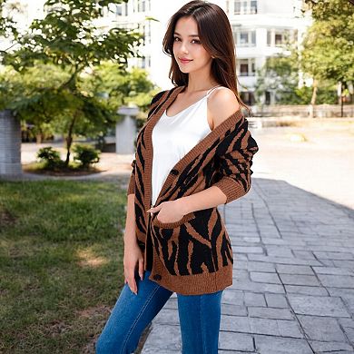 Women's V-Neck Button-Down Cardigan with Front Pockets and Relaxed Fit