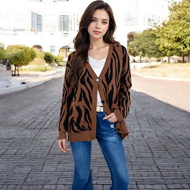 Women's V-Neck Button-Down Cardigan with Front Pockets and Relaxed Fit