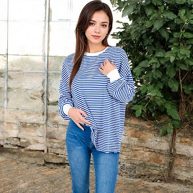 Women's Striped Long Sleeve Oversized Pullover Top with Ribbed Crew Neck