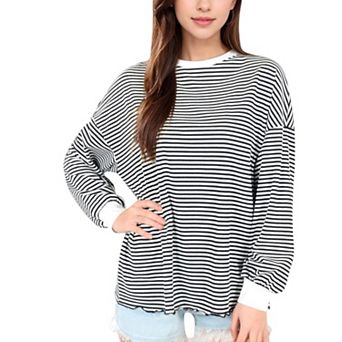 Women's Striped Long Sleeve Oversized Pullover Top with Ribbed Crew Neck