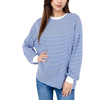 Women's Striped Long Sleeve Oversized Pullover Top with Ribbed Crew Neck