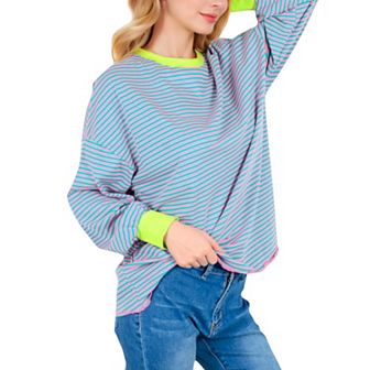 Women's Striped Long Sleeve Oversized Pullover Top with Ribbed Crew Neck