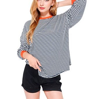Women's Striped Long Sleeve Oversized Pullover Top with Ribbed Crew Neck