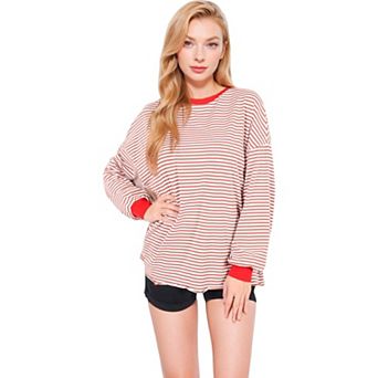 Women's Striped Long Sleeve Oversized Pullover Top with Ribbed Crew Neck