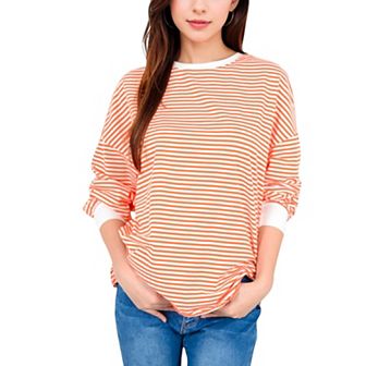 Women's Striped Long Sleeve Oversized Pullover Top with Ribbed Crew Neck