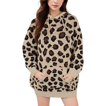 Women's Leopard Print Knit Hoodie Dress with Front Pocket