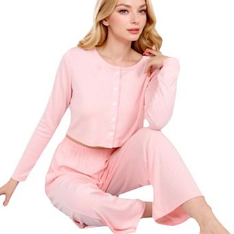 Women's Ribbed Button-Down Long Sleeve Top and Wide-Leg Pants Lounge Set