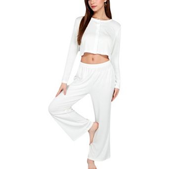 Women's Ribbed Button-Down Long Sleeve Top and Wide-Leg Pants Lounge Set