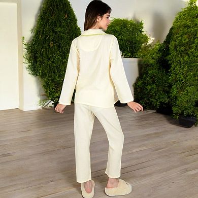 Women's Lightweight Gauze Pajama Set with Lace Trim and Button-Up Design