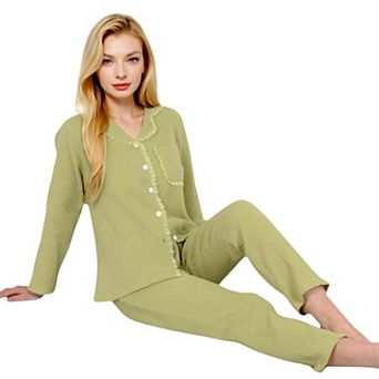 Women's Lightweight Gauze Pajama Set with Lace Trim and Button-Up Design