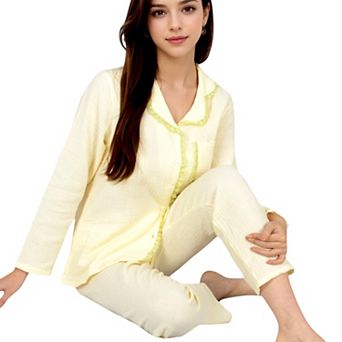 Women's Lightweight Gauze Pajama Set with Lace Trim and Button-Up Design