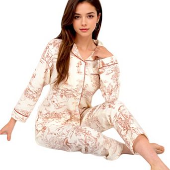 Women's Printed Button-Up Pajama Set with Piping Details