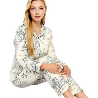 Women's Printed Button-Up Pajama Set with Piping Details