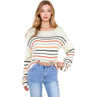 Women's Long Sleeve Striped Knit Sweater with Boat Neckline