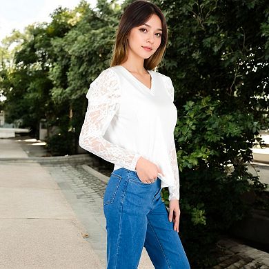 Women's V-Neck Top with Lace Long Sleeves and Relaxed Fit