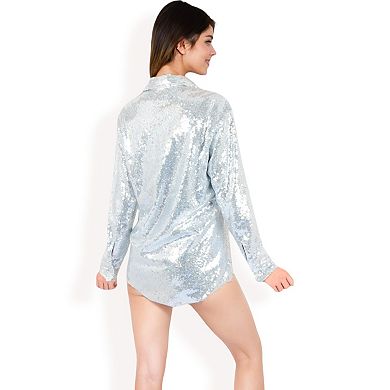 Women's Sequin Button-Down Shirt Dress with Long Sleeves