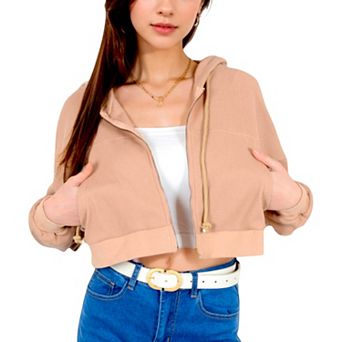 Women's Cropped Waffle Knit Zip-Up Hoodie with Drawstring