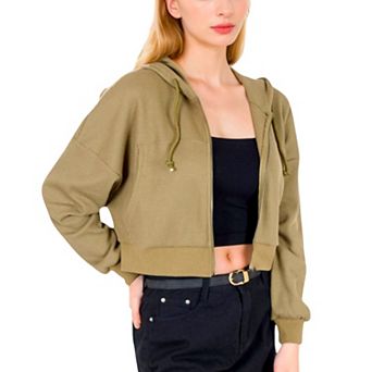 Women's Cropped Waffle Knit Zip-Up Hoodie with Drawstring