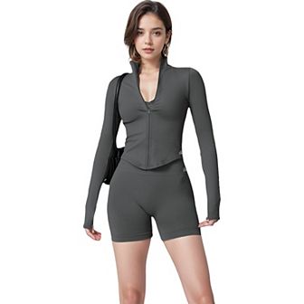 Women's Zip-Up Long Sleeve Activewear Jacket with Thumbholes and High Collar